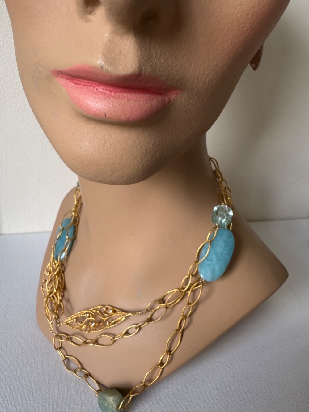 Alexis Bittar Gold Tone Multi Strand Blue Green Stone Statement Necklace
